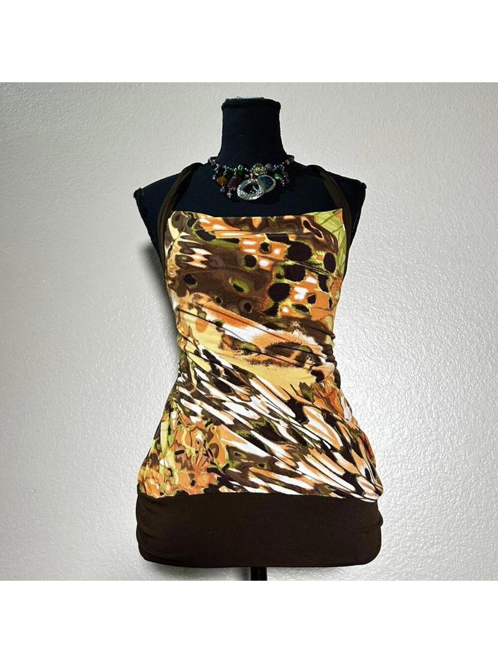 Vintage IZ Y2K Halter Top Retro Abstract Print Brown Orange Going Out Cami